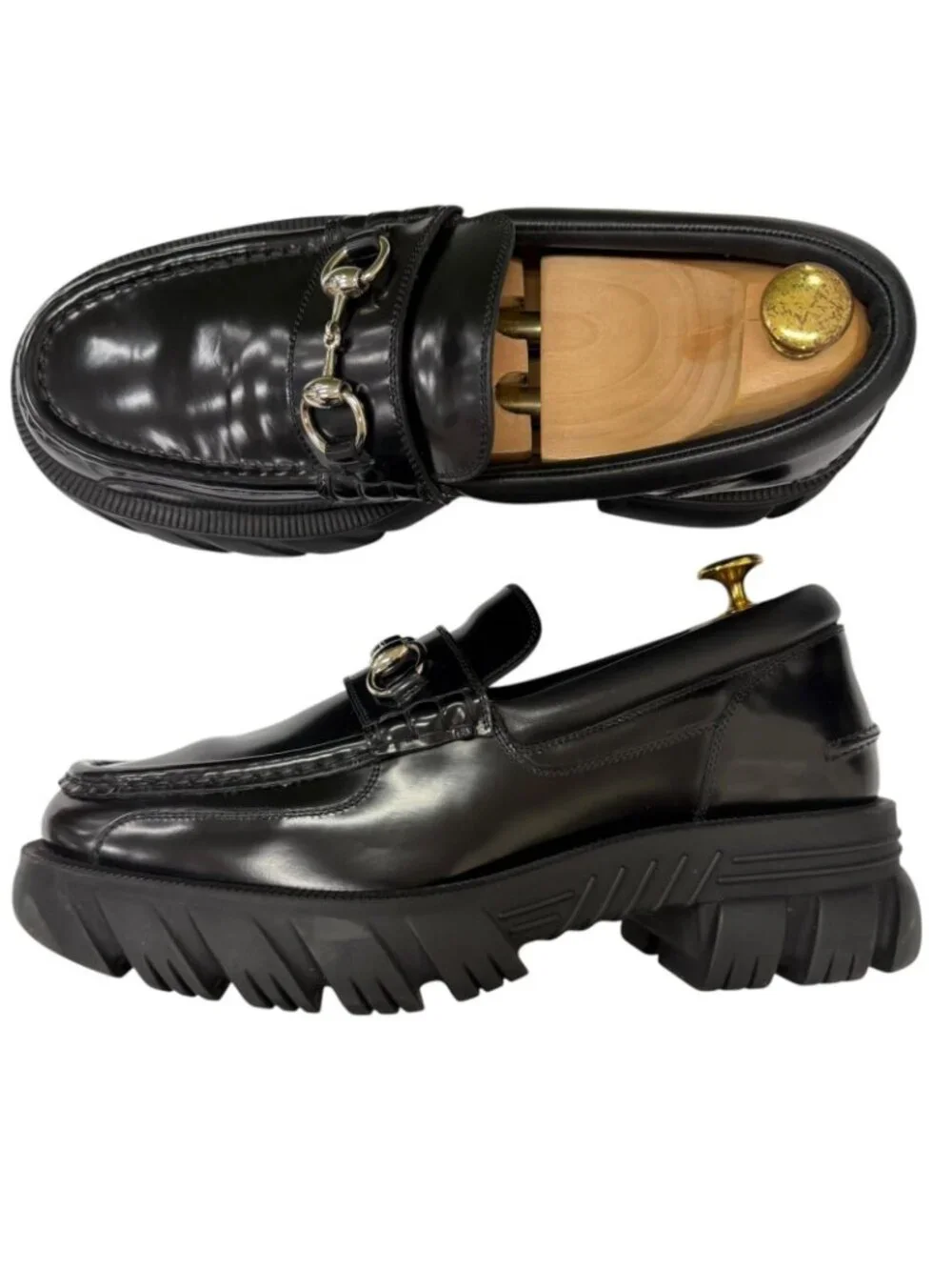 Gucci Leather Horsebit Silver Thick Sole Loafers Black 7.5